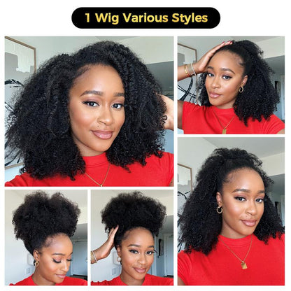 Afro Curly Wear  Half Wig 180% 250% Density Upgrade With Drawstring Cap Invisible Hairline Human Hair Wigs Beginner Friendly